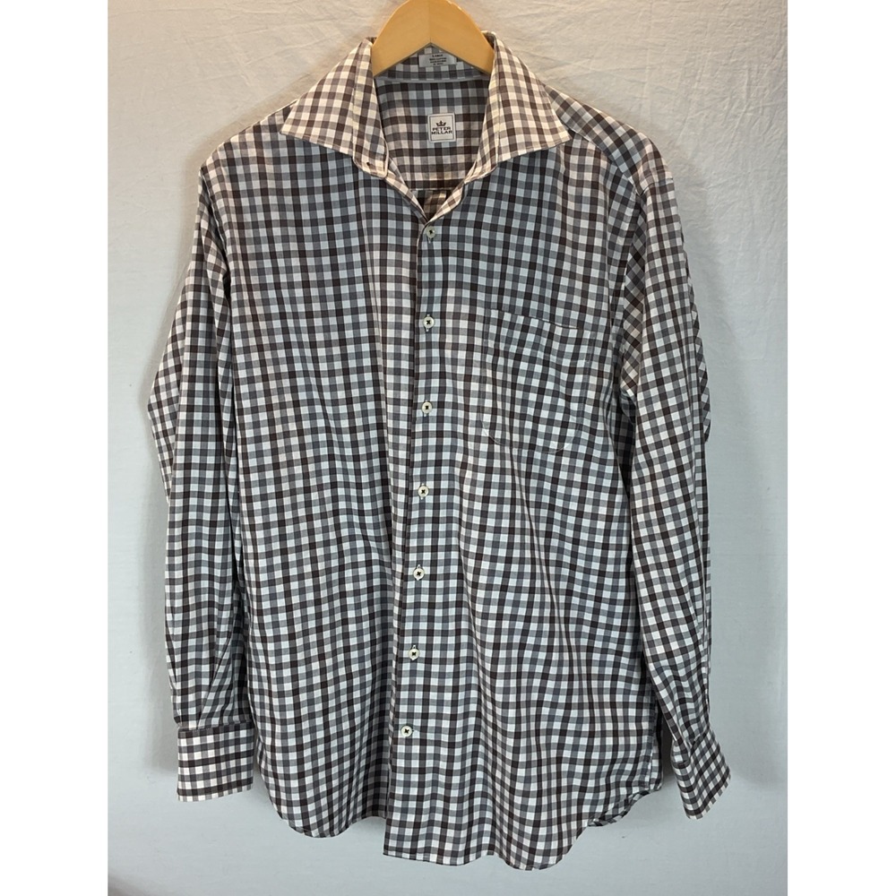 Peter Millar Shirt Men's Tan/ Gray Gingham Collared cotton Button Down size LG